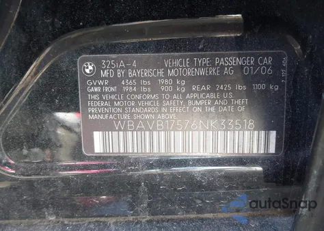 2006 BMW 325I from USA, damaged, VIN WBAVB17576NK33518